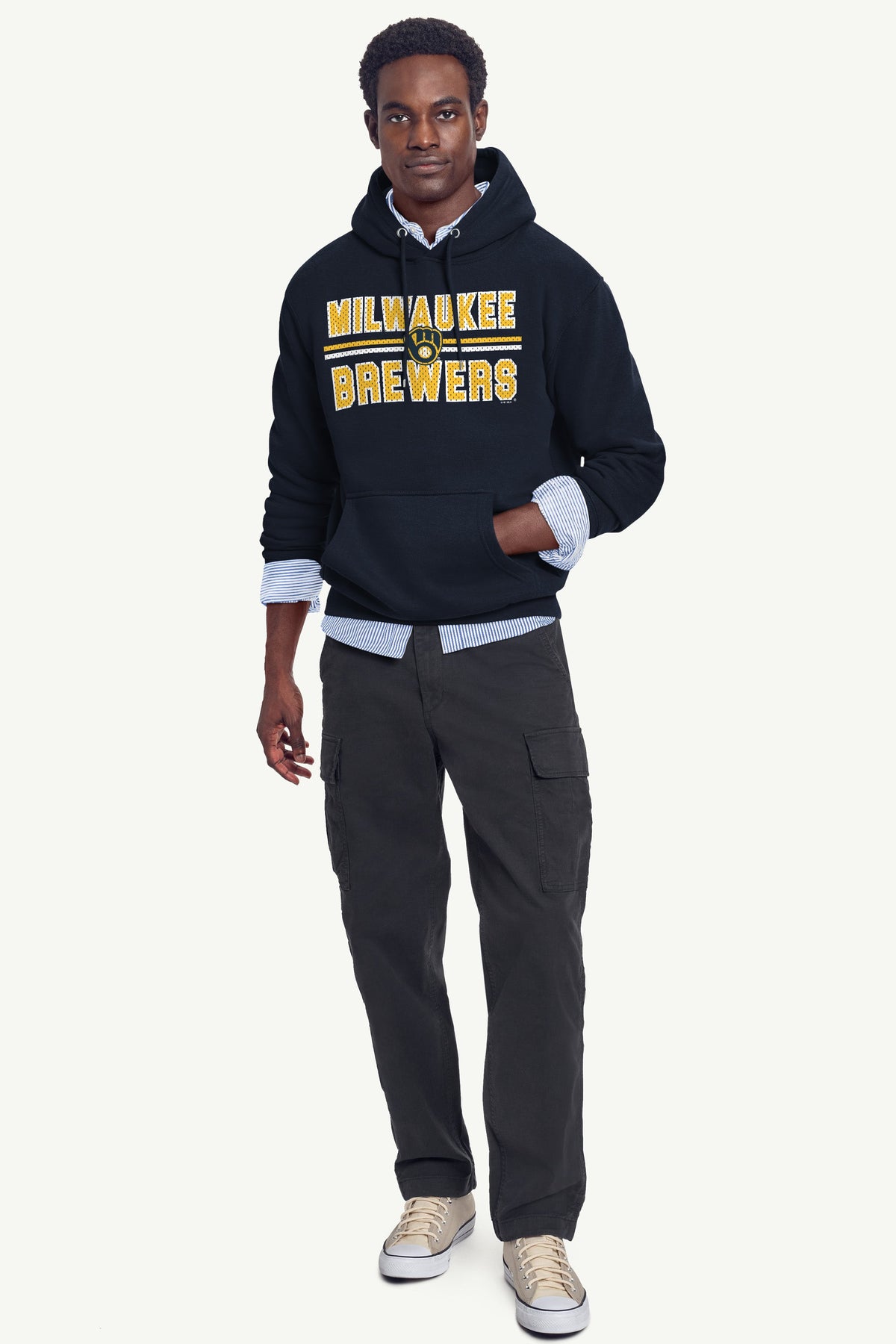 MENS MILWAUKEE BREWERS MESH LOOK HOODIE - Navy
