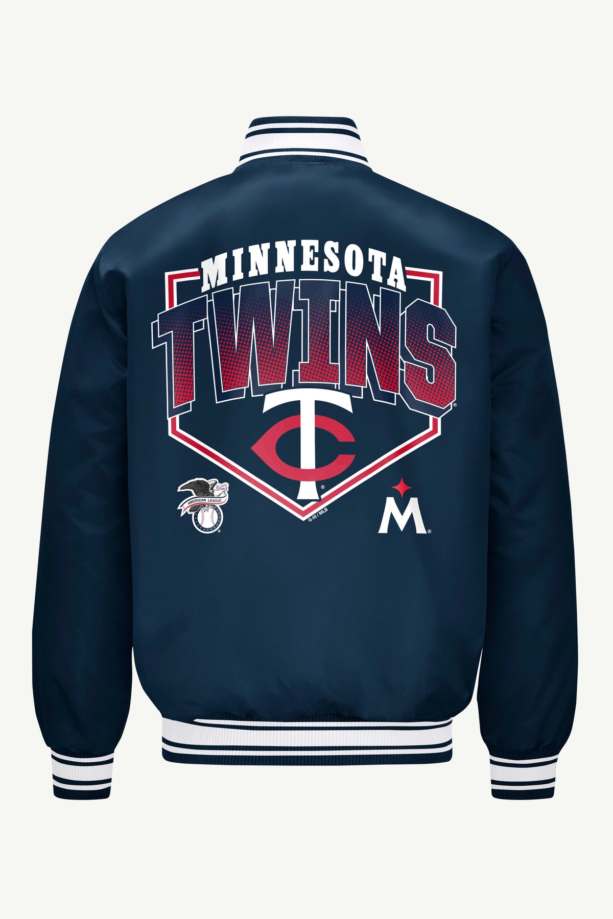 MENS MINNESOTA TWINS PRINTED HOMEPLATE SATIN VARSITY JACKET - Navy