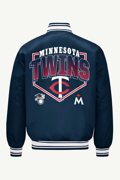 MENS MINNESOTA TWINS PRINTED HOMEPLATE SATIN VARSITY JACKET - Navy