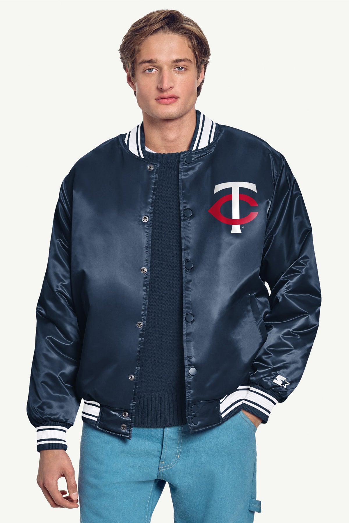 MENS MINNESOTA TWINS PRINTED HOMEPLATE SATIN VARSITY JACKET - Navy