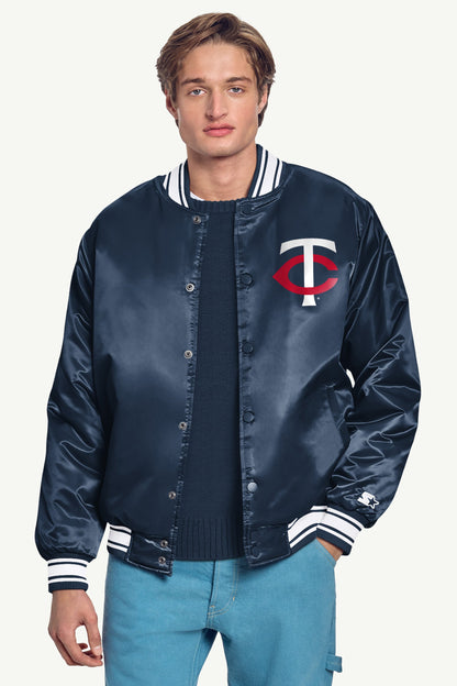 MENS MINNESOTA TWINS PRINTED HOMEPLATE SATIN VARSITY JACKET - Navy