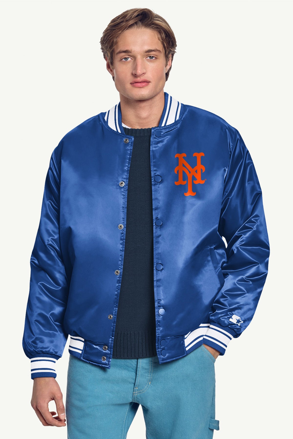 MENS NEW YORK METS HOMEPLATE SATIN VARSITY JACKET - Royal