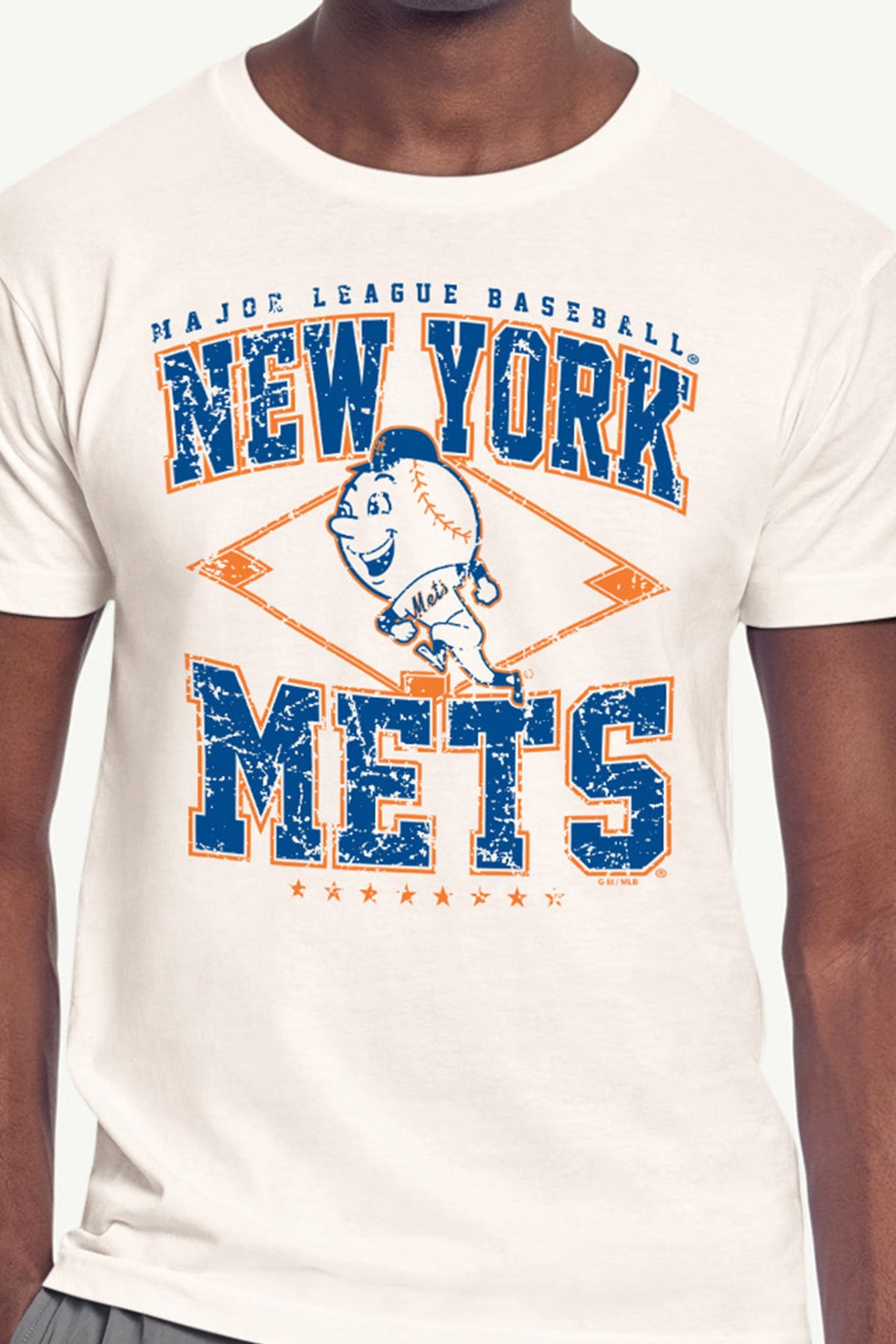 MENS NEW YORK METS DISTRESSED COOPERSTOWN DIAMOND SHORT SLEEVE T SHIRT - Vintage White