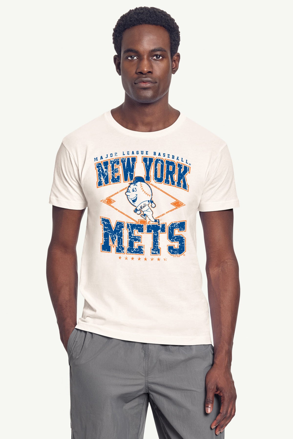 MENS NEW YORK METS DISTRESSED COOPERSTOWN DIAMOND SHORT SLEEVE T SHIRT - Vintage White