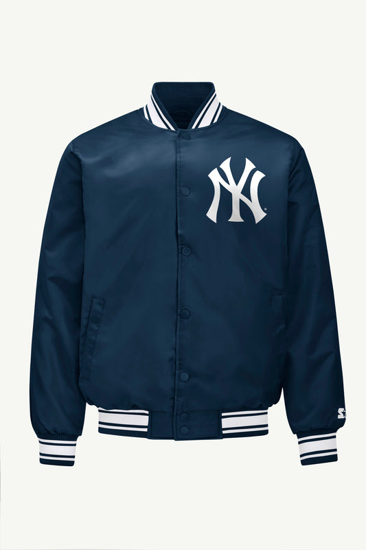 MENS NEW YORK YANKEES PRINTED HOMEPLATE SATIN VARSITY JACKET - Navy