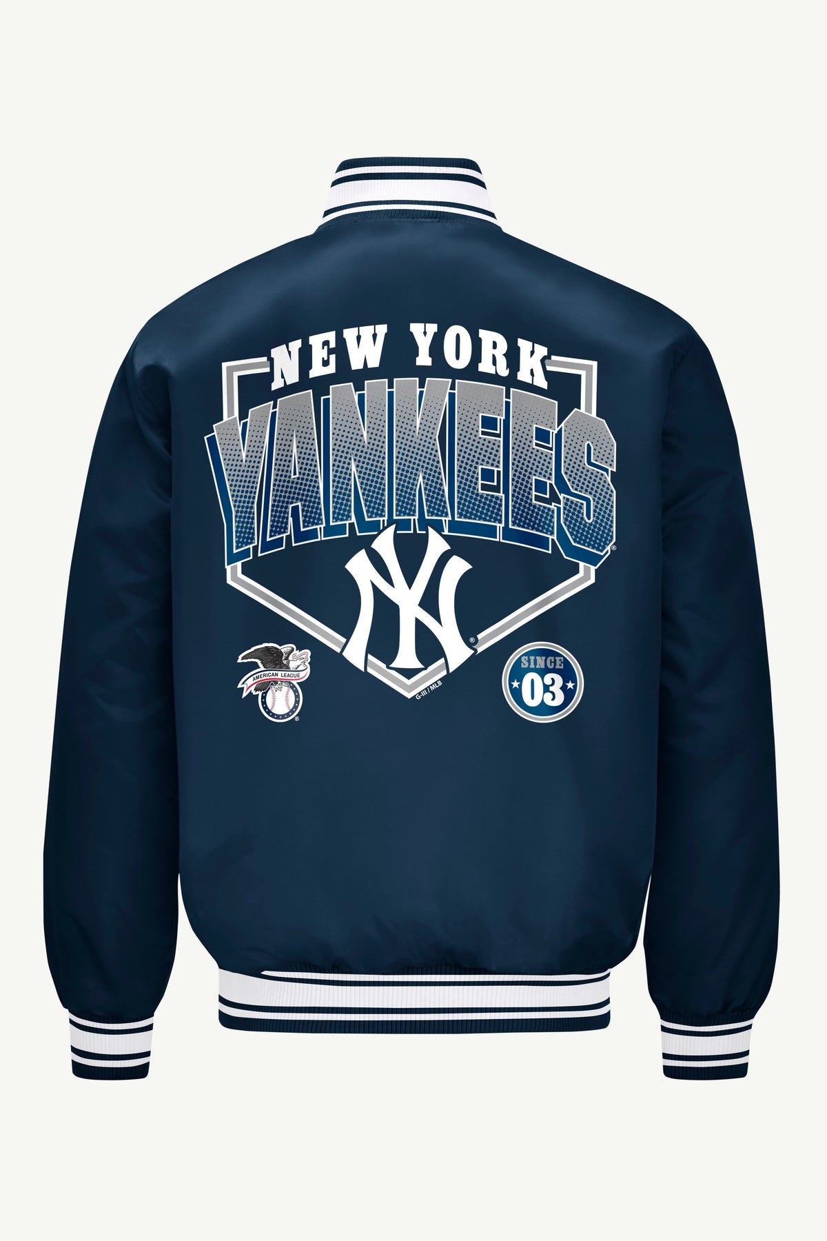MENS NEW YORK YANKEES PRINTED HOMEPLATE SATIN VARSITY JACKET - Navy