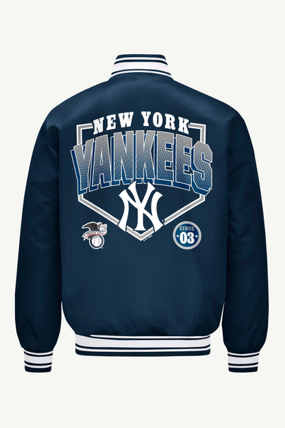 MENS NEW YORK YANKEES PRINTED HOMEPLATE SATIN VARSITY JACKET - Navy