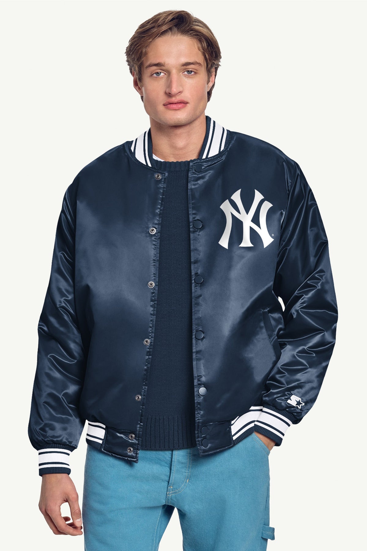 MENS NEW YORK YANKEES PRINTED HOMEPLATE SATIN VARSITY JACKET - Navy