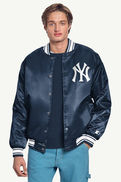 MENS NEW YORK YANKEES PRINTED HOMEPLATE SATIN VARSITY JACKET - Navy