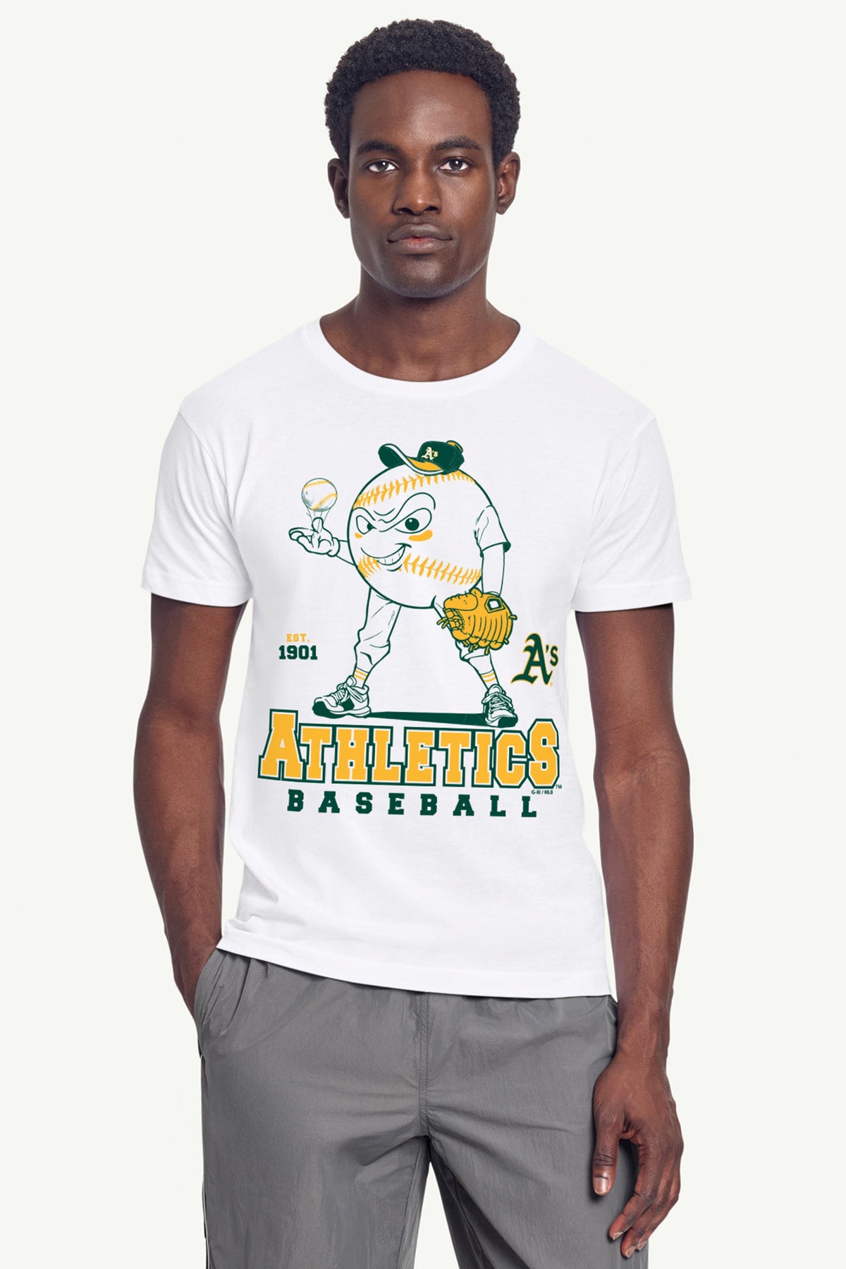 MENS ATHLETICS BASEBALL CHARACTER SHORT SLEEVE T SHIRT - White