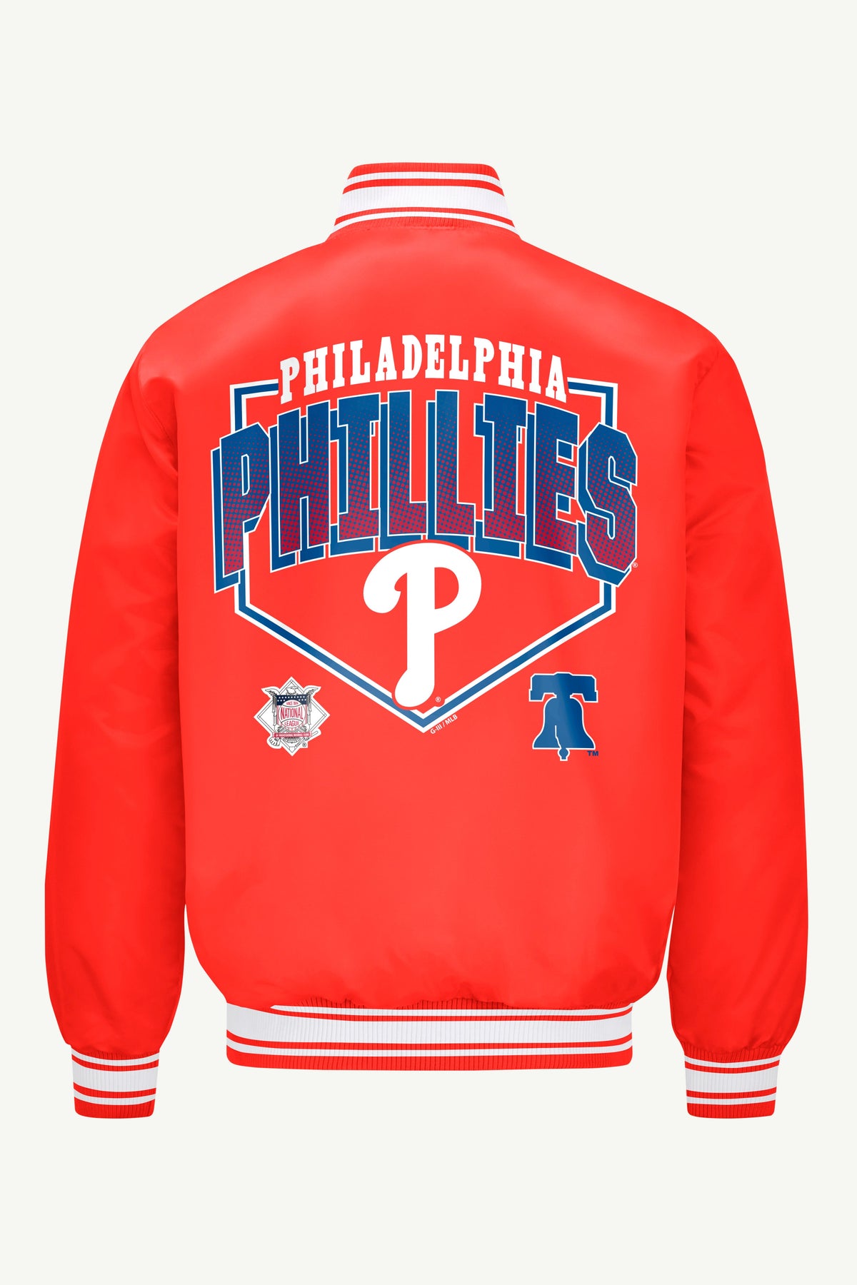 MENS PHILADELPHIA PHILLIES PRINTED HOMEPLATE SATIN VARSITY JACKET - Red