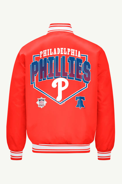 MENS PHILADELPHIA PHILLIES PRINTED HOMEPLATE SATIN VARSITY JACKET - Red
