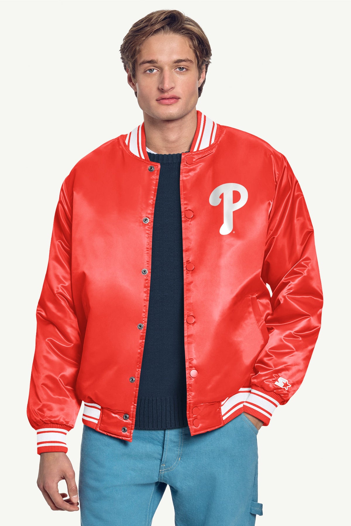 MENS PHILADELPHIA PHILLIES PRINTED HOMEPLATE SATIN VARSITY JACKET - Red