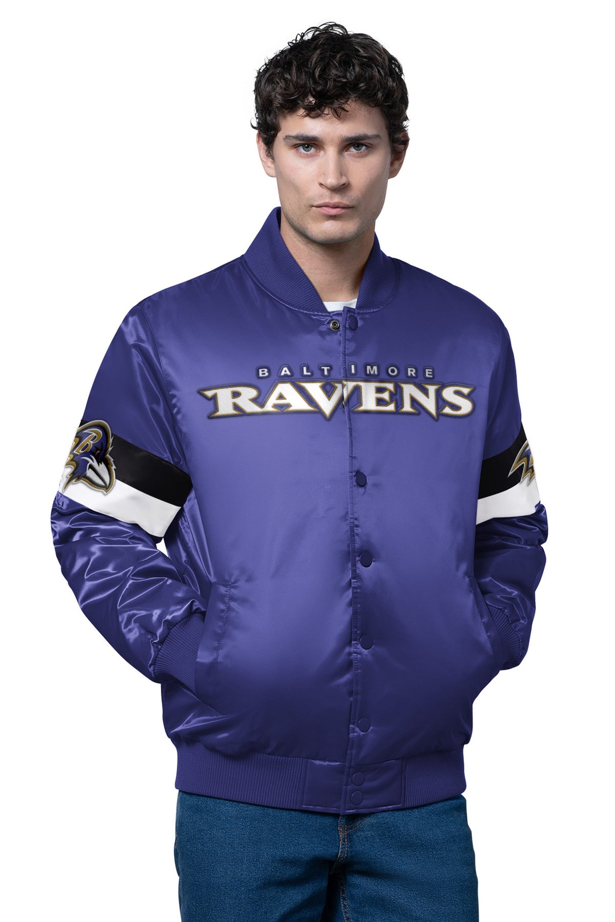MENS BALTIMORE RAVENS TRIPLE OPTION SATIN VARSITY JACKET - Starter