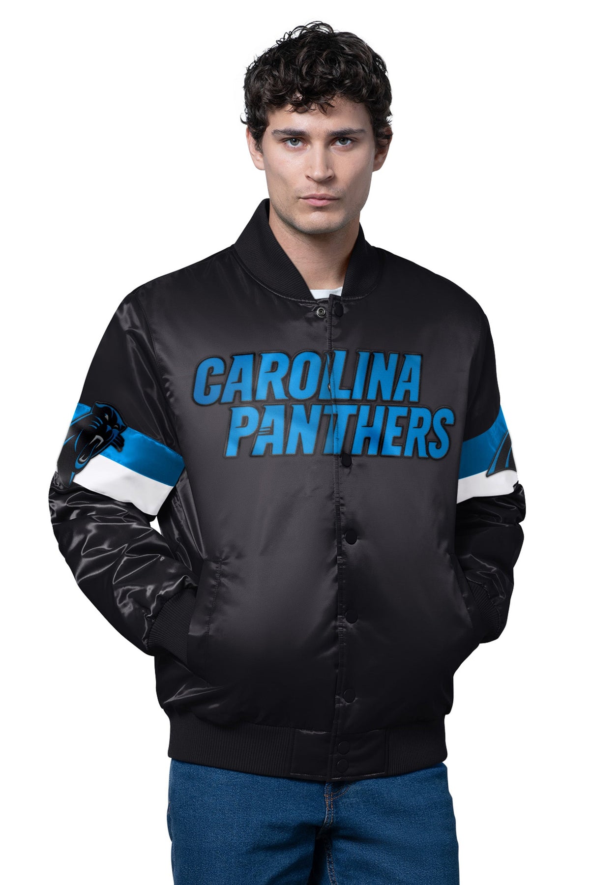 MENS CAROLINA PANTHERS TRIPLE OPTION SATIN VARSITY JACKET - Starter
