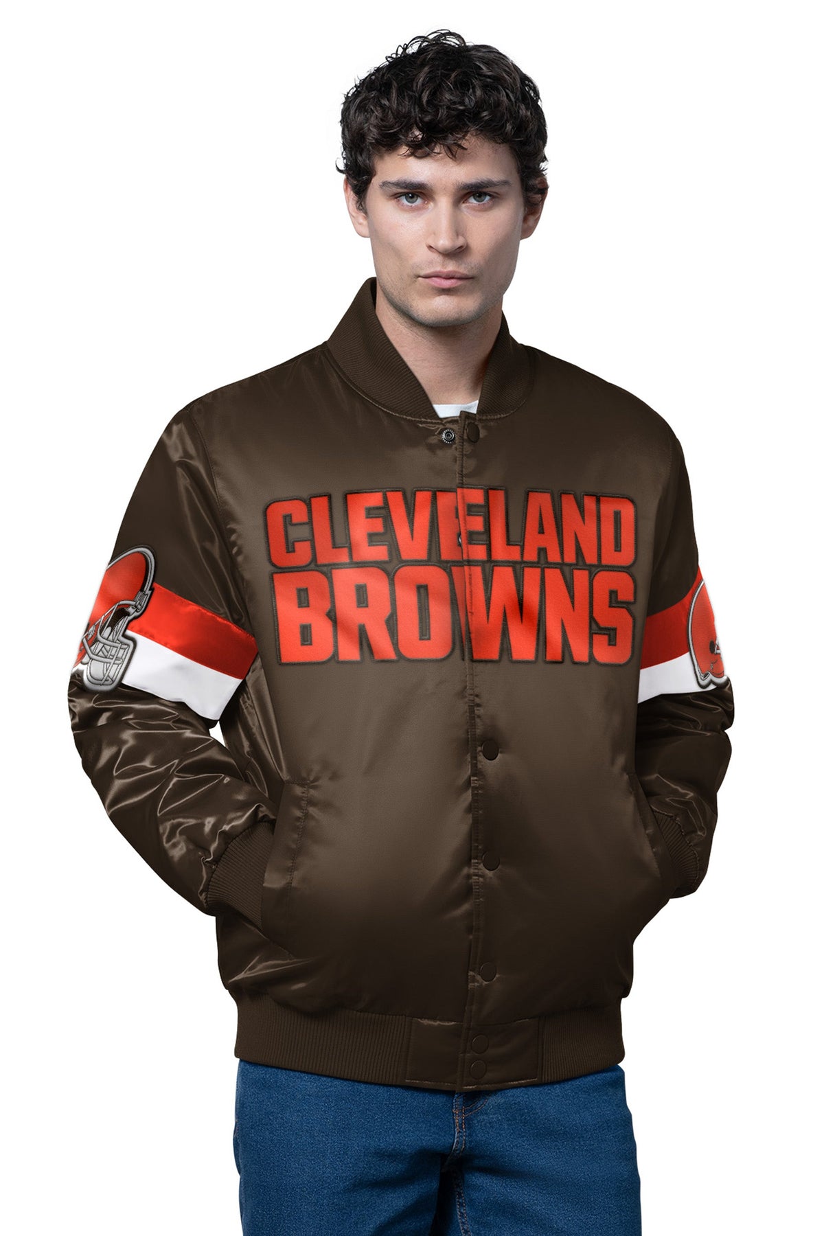 MENS CLEVELAND BROWNS TRIPLE OPTION SATIN VARSITY JACKET - Starter