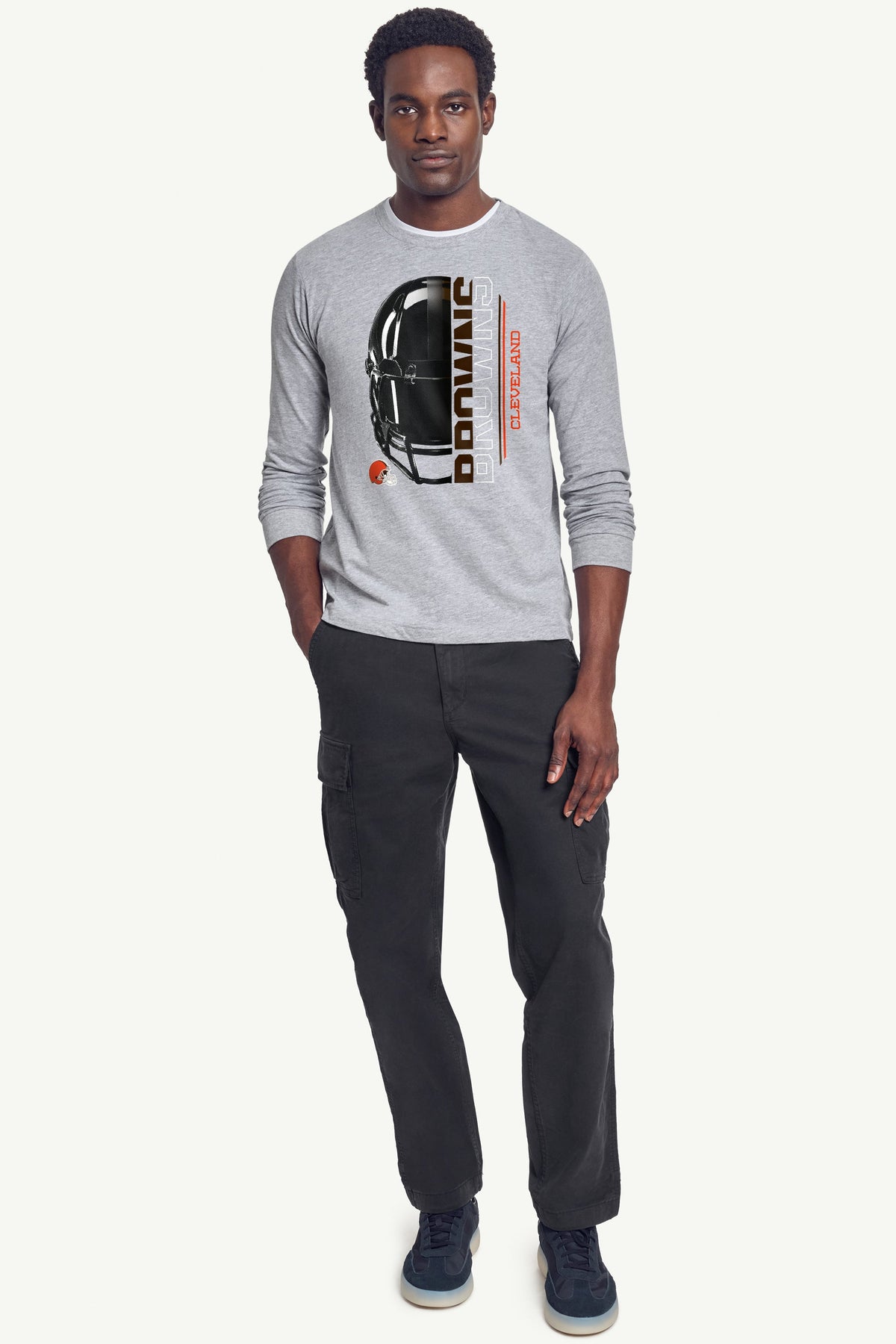 MENS CLEVELAND BROWNS HALF HELMET LONG SLEEVE T SHIRT - Heather Grey