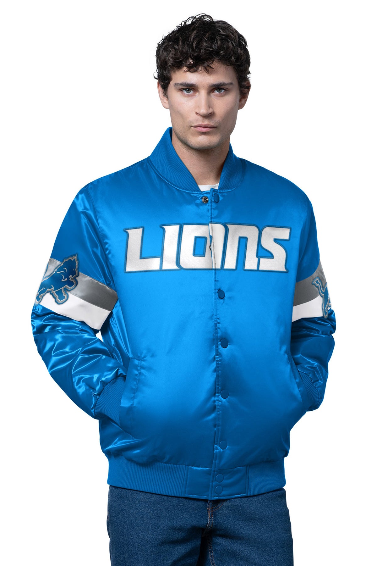 MENS DETROIT LIONS TRIPLE OPTION SATIN VARSITY JACKET - Starter