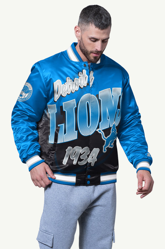 MENS DETROIT LIONS PASS RUSH SATIN VARSITY JACKET - Starter
