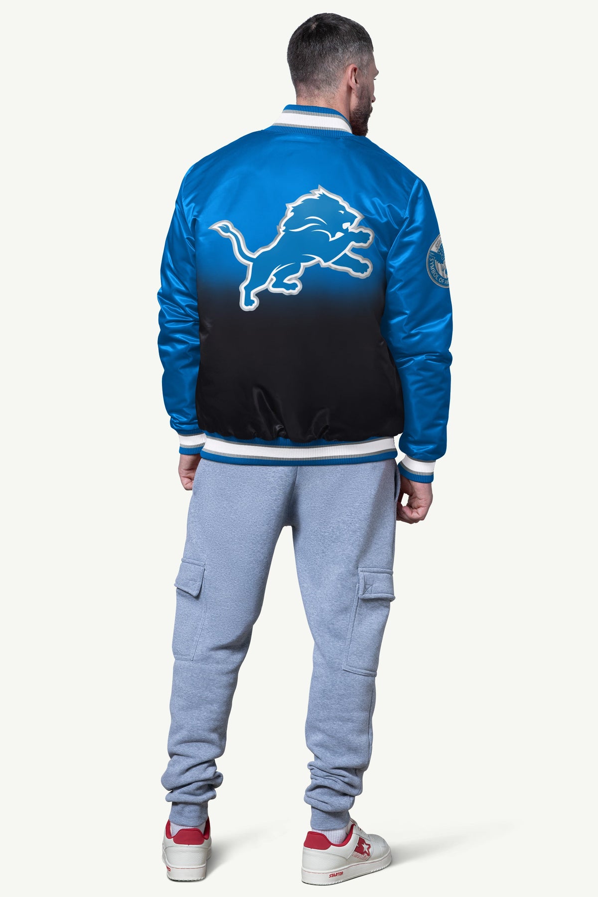 MENS DETROIT LIONS PASS RUSH SATIN VARSITY JACKET - Starter