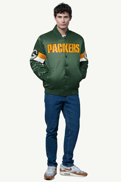 MENS GREEN BAY PACKERS TRIPLE OPTION SATIN VARSITY JACKET - Starter