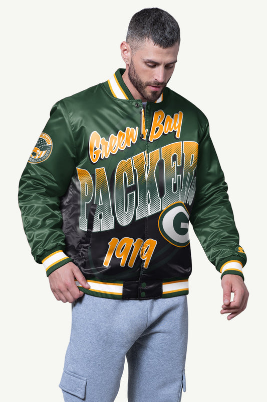 MENS GREEN BAY PACKERS PASS RUSH SATIN VARSITY JACKET - Starter