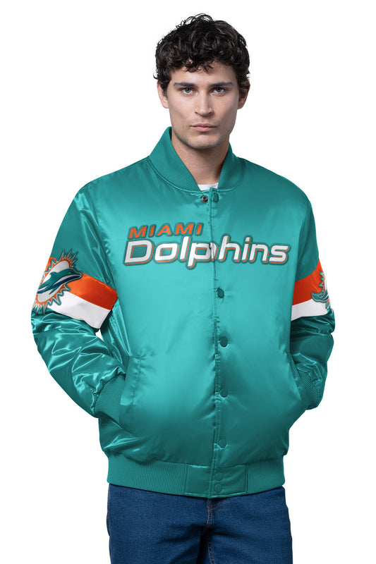 MENS MIAMI DOLPHINS TRIPLE OPTION SATIN VARSITY JACKET - Starter