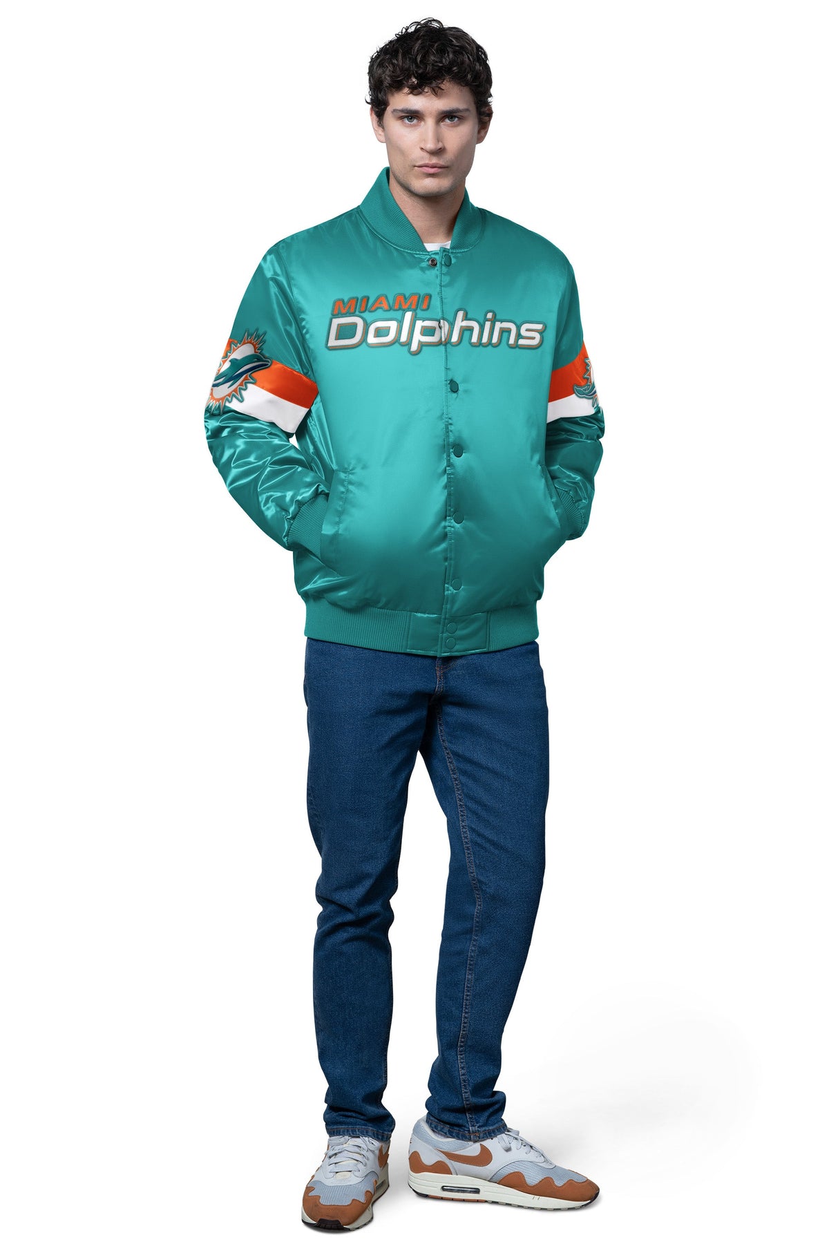 MENS MIAMI DOLPHINS TRIPLE OPTION SATIN VARSITY JACKET - Starter