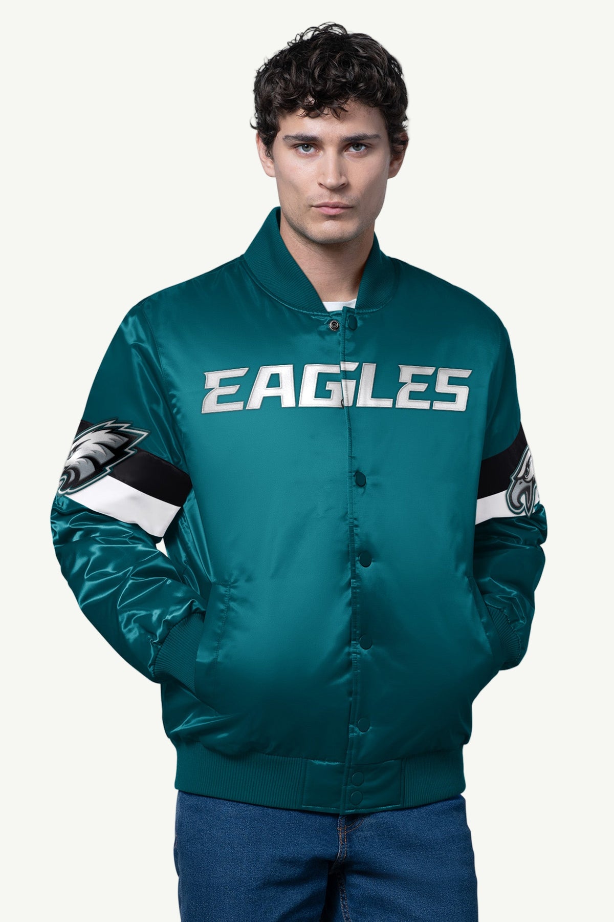 MENS PHILADELPHIA EAGLES TRIPLE OPTION SATIN VARSITY JACKET - Starter