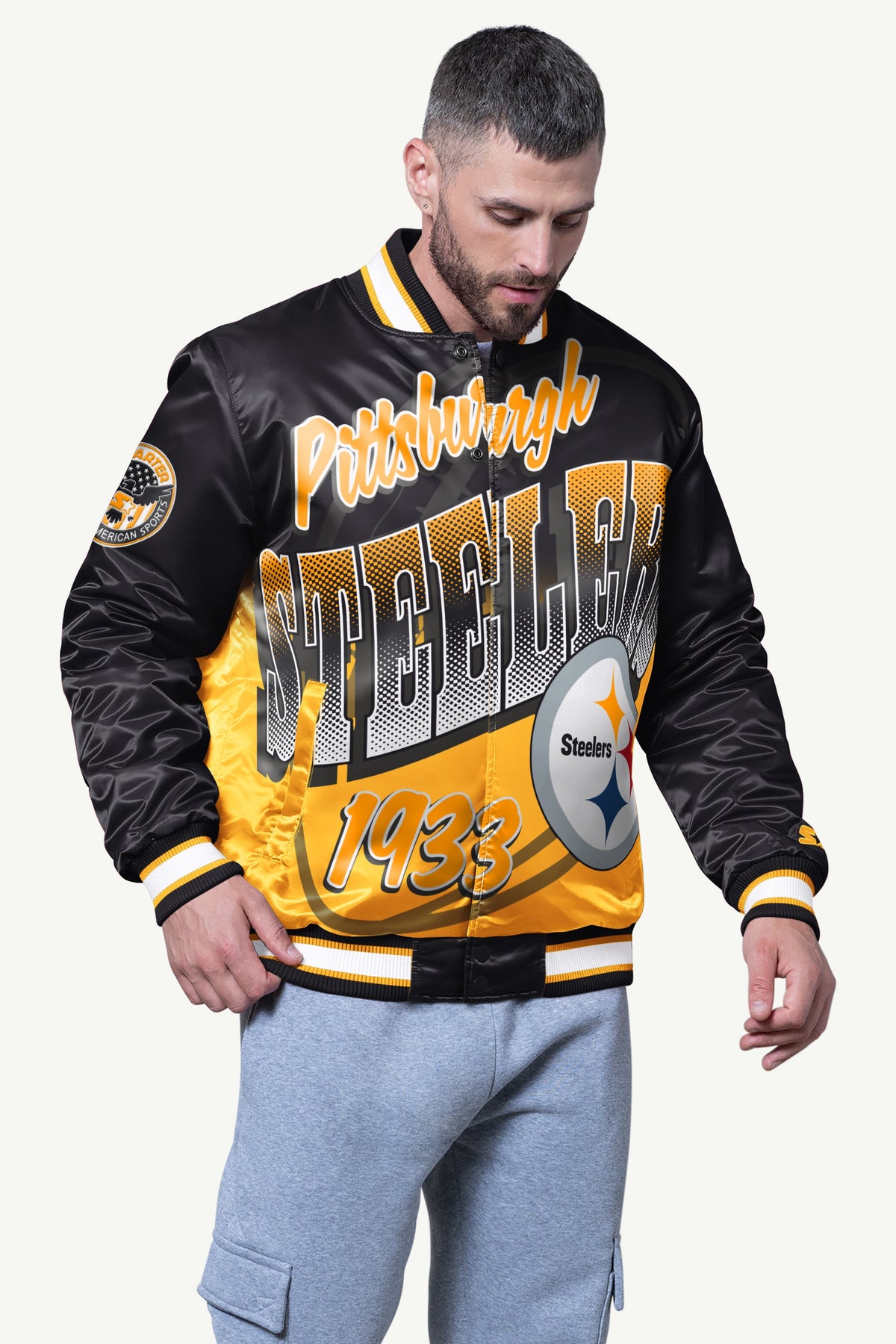 MENS PITTSBURGH STEELERS PASS RUSH SATIN VARSITY JACKET - Starter