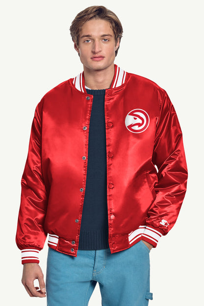 MENS ATLANTA HAWKS MESH LOOK SATIN VARSITY JACKET - Red