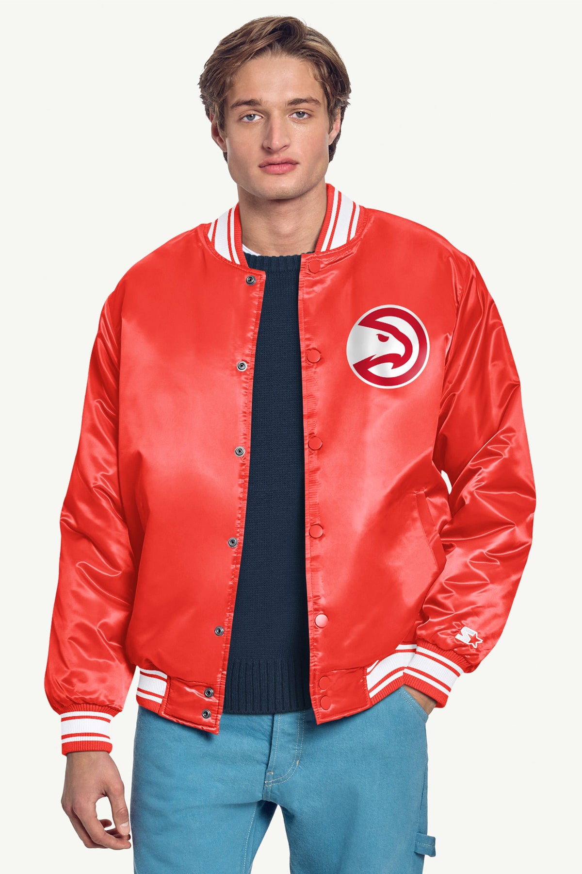 MENS ATLANTA HAWKS PRINTED GRAPHIC SATIN VARSITY JACKET - Red
