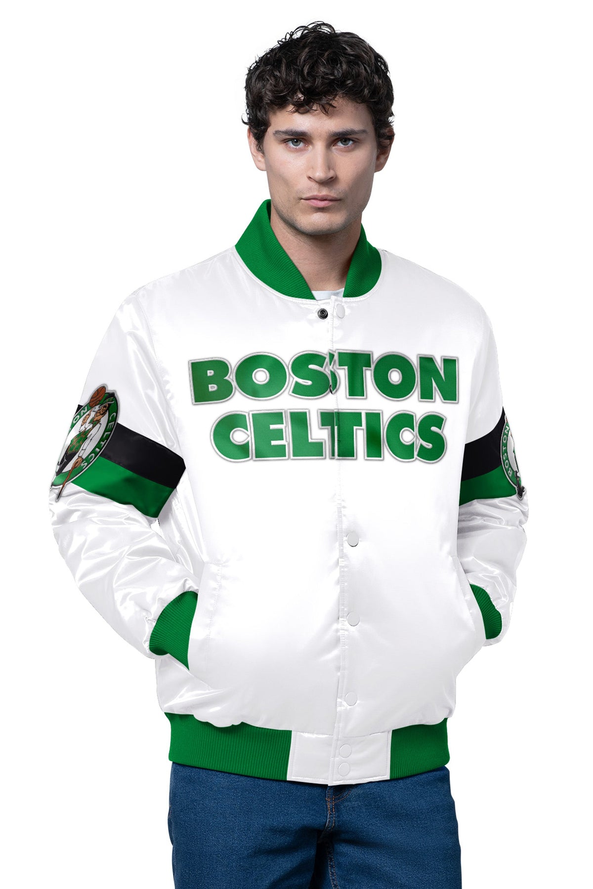 MENS BOSTON CELTICS TRIPLE OPTION SATIN VARSITY JACKET - Starter