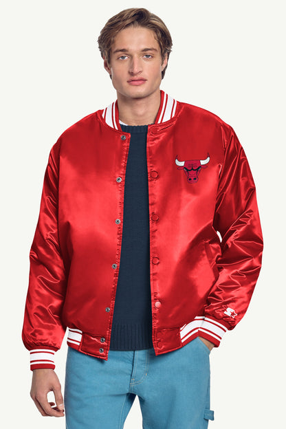 MENS CHICAGO BULLS MESH LOOK SATIN VARSITY JACKET - Red