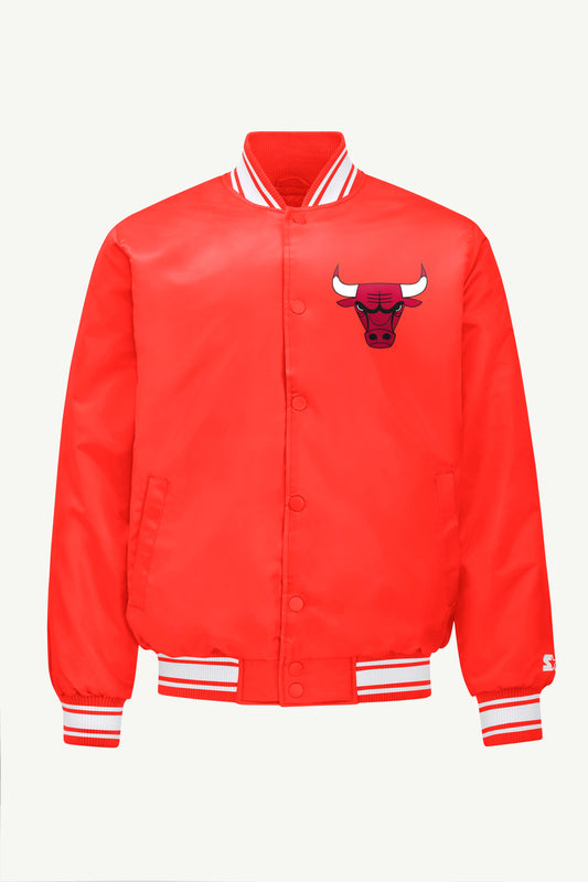 MENS CHICAGO BULLS PRINTED GRAPHIC SATIN VARSITY JACKET - Red