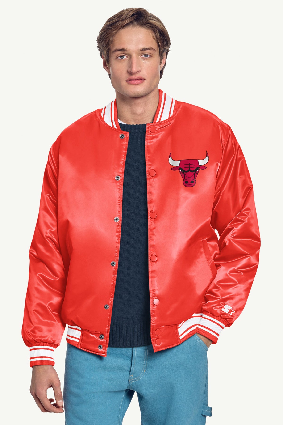 MENS CHICAGO BULLS PRINTED GRAPHIC SATIN VARSITY JACKET - Red