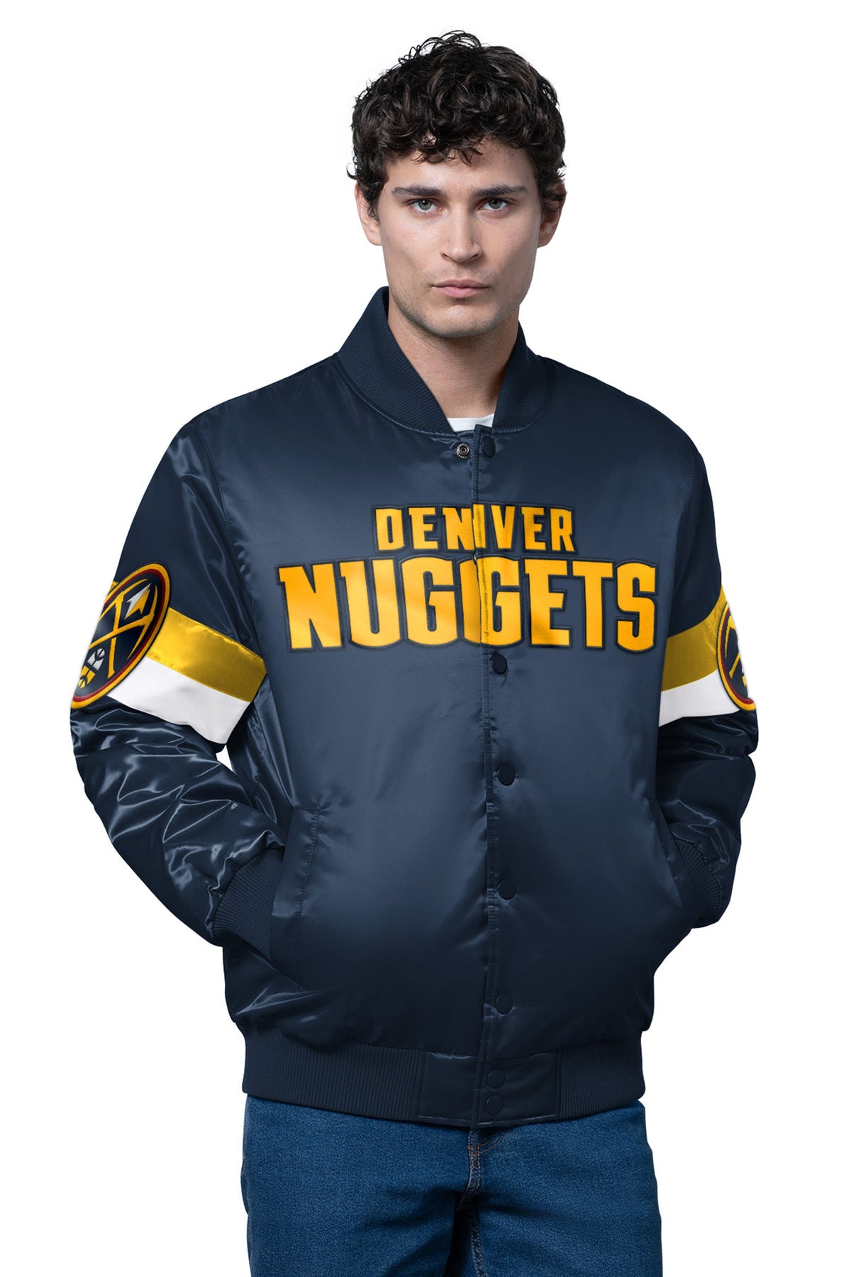 MENS DENVER NUGGETS TRIPLE OPTION SATIN VARSITY JACKET - Starter