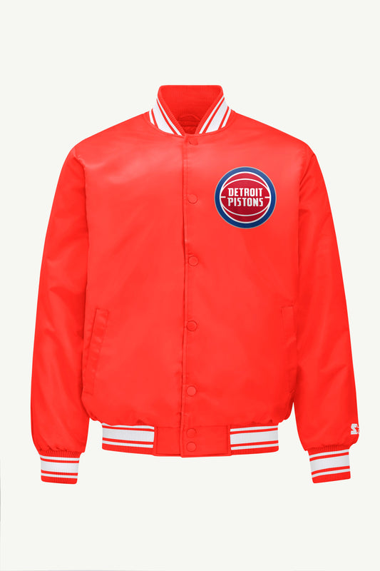 MENS DETROIT PISTONS PRINTED GRAPHIC SATIN VARSITY JACKET - Red