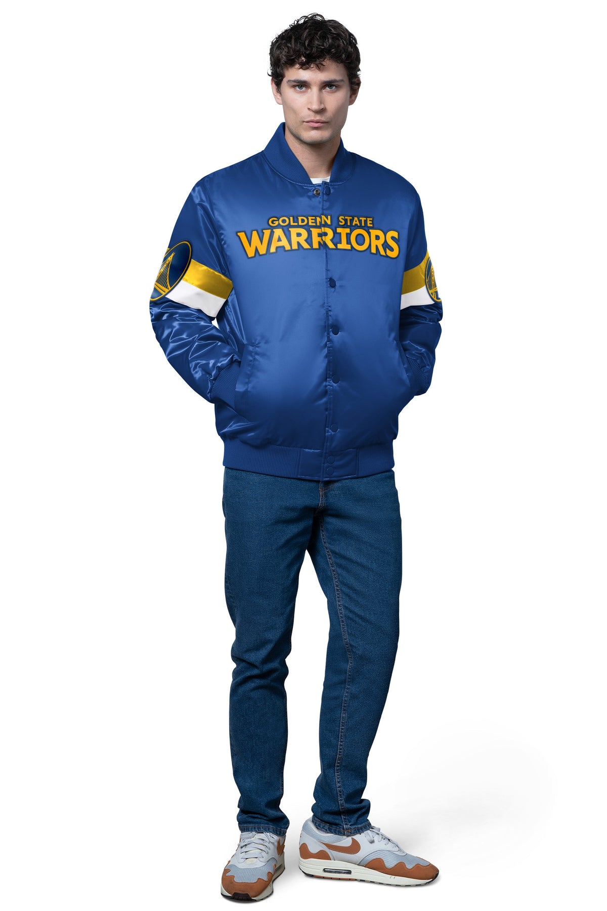 MENS GOLDEN STATE WARRIORS TRIPLE OPTION SATIN VARSITY JACKET - Starter