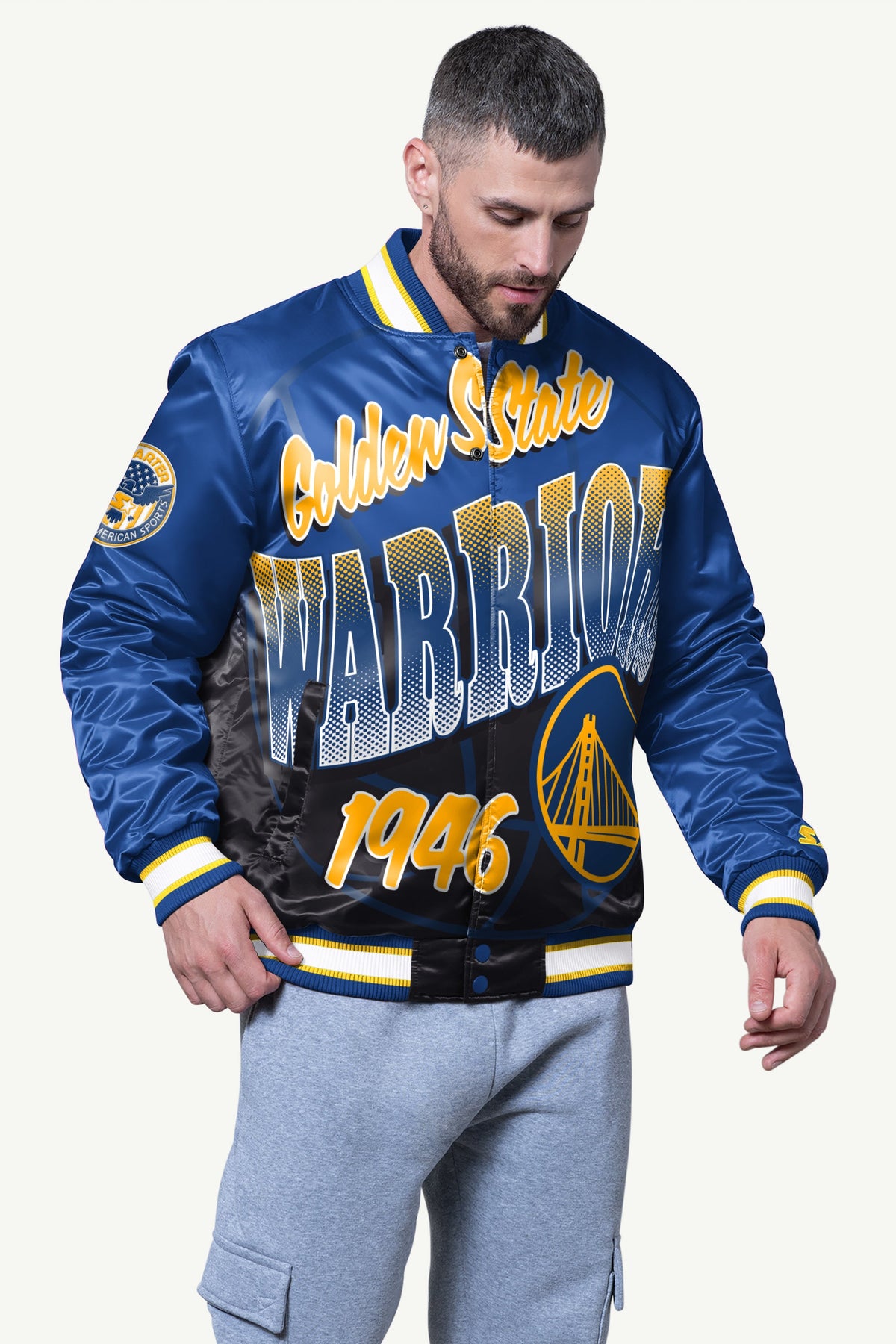 MENS GOLDEN STATE WARRIORS PASS RUSH SATIN VARSITY JACKET - Starter