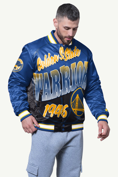 MENS GOLDEN STATE WARRIORS PASS RUSH SATIN VARSITY JACKET - Starter