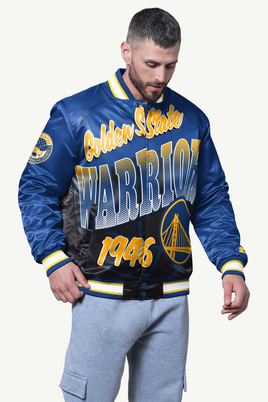 MENS GOLDEN STATE WARRIORS PASS RUSH SATIN VARSITY JACKET - Starter