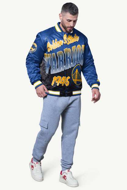 MENS GOLDEN STATE WARRIORS PASS RUSH SATIN VARSITY JACKET - Starter