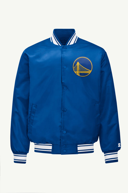 MENS GOLDEN STATE WARRIORS PRINTED GRAPHIC SATIN VARSITY JACKET - Royal