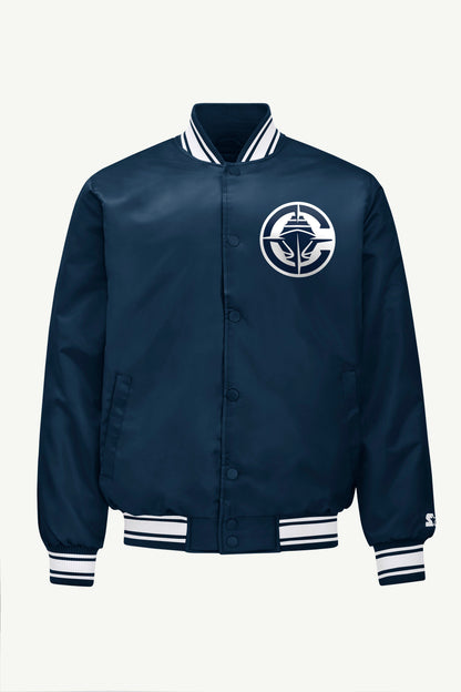MENS LOS ANGELES CLIPPERS PRINTED GRAPHIC SATIN VARSITY JACKET - Navy