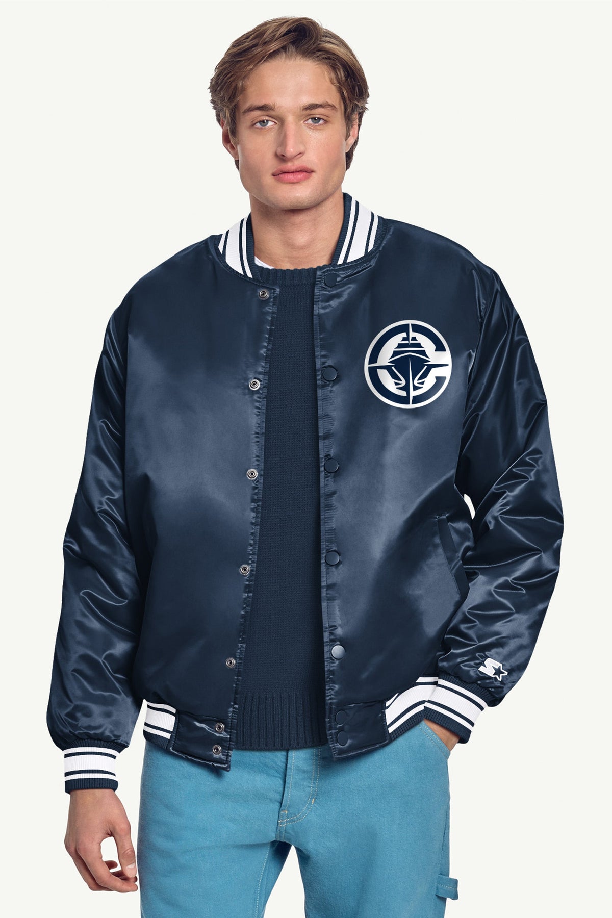 MENS LOS ANGELES CLIPPERS PRINTED GRAPHIC SATIN VARSITY JACKET - Navy