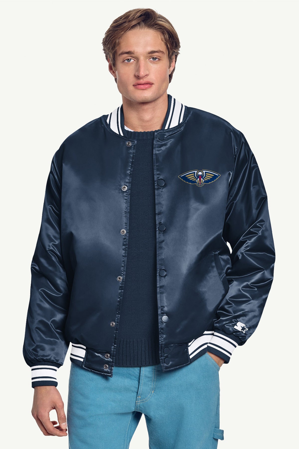 MENS NEW ORLEANS PELICANS SATIN VARSITY JACKET - Navy
