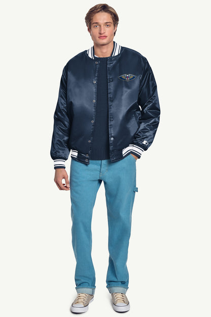 MENS NEW ORLEANS PELICANS SATIN VARSITY JACKET - Navy