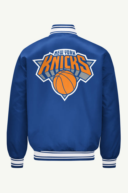 MENS NEW YORK KNICKS PRINTED GRAPHIC LOGO SATIN VARSITY JACKET - Royal