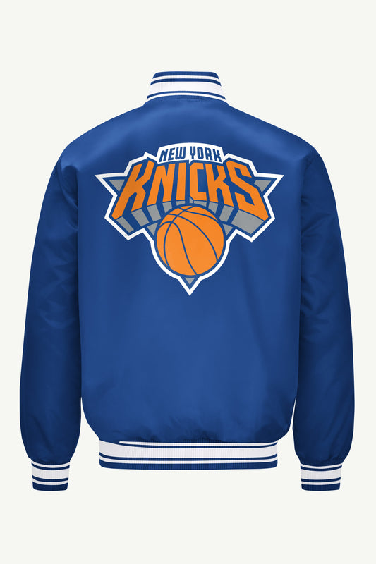 MENS NEW YORK KNICKS PRINTED GRAPHIC LOGO SATIN VARSITY JACKET - Royal
